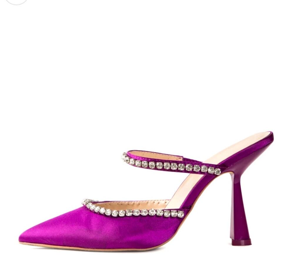 Cult of Coquette Purple Satin Rhinestone Mule Heels Pointed Toe Stiletto Size 7